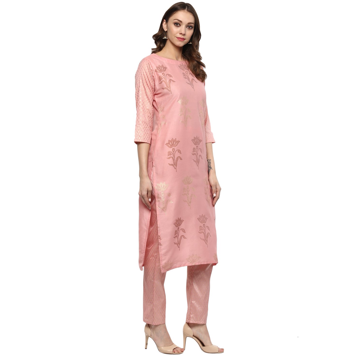 ziyaa women's pink colour straight polysilk gold foil print kurta (zikups2068)