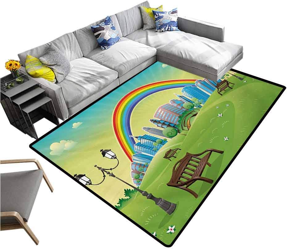 Cartoon Carpet mat Kids Nursery Design Park Bench Hills Apartments Rainbow Beams Flowers Art Print Bathroom Soft Durable Area Rug Multicolor (5'x7')