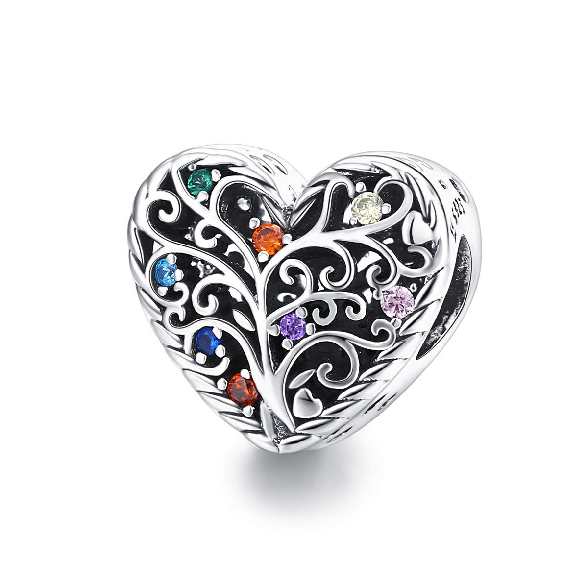 CHENGMEN Family Tree of Life in Heart 925 Sterling Silver Charms for Bracelets with Colourful CZ Gifts for Women Jewellery