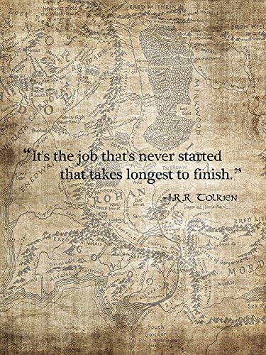 Job That's Never Started - Map of Middle Earth Background - Tolkien Lord of the Rings Quote Print Poster - 18x24 inch