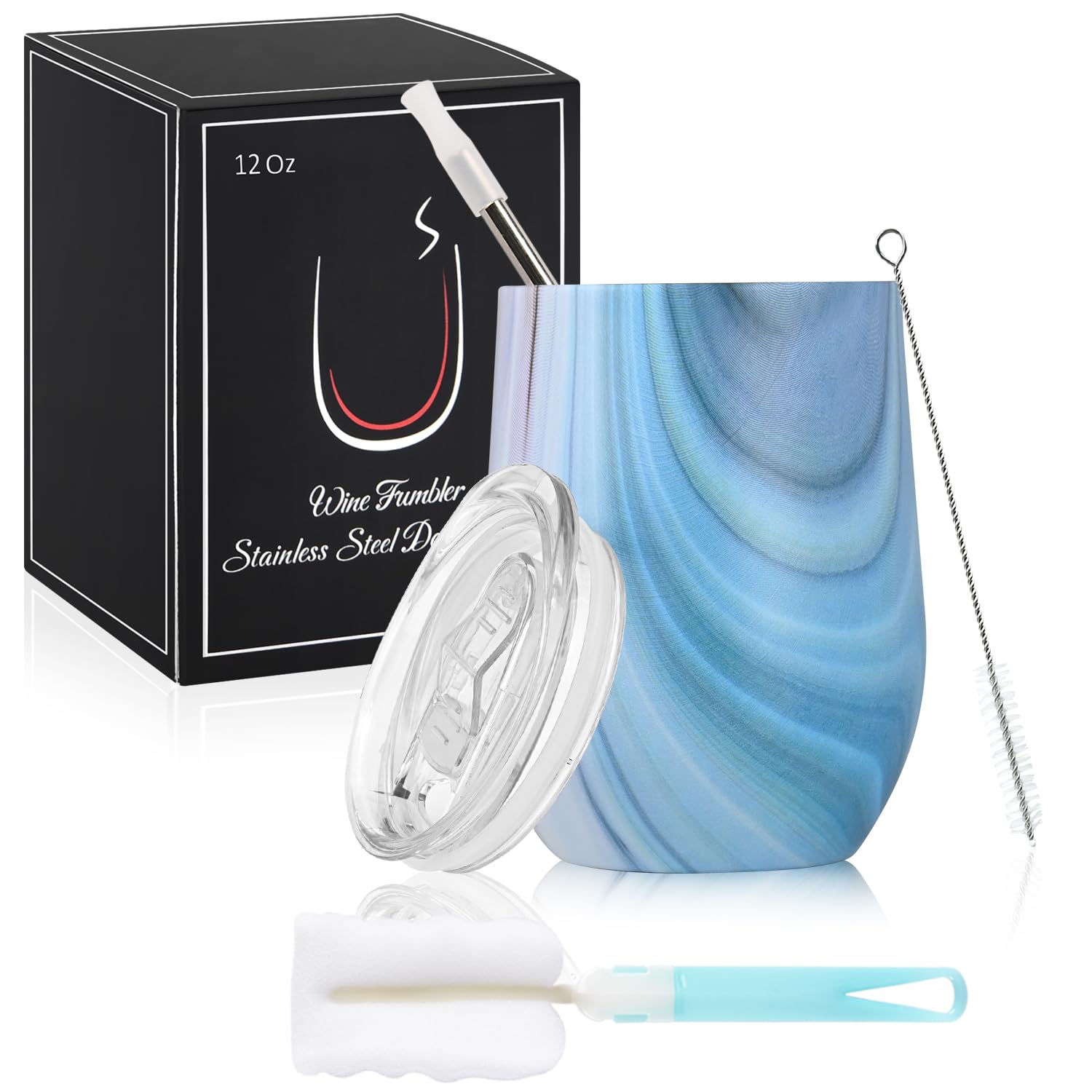 Joymaking 12oz Insulated Stainless Steel Wine Tumbler with Lid and Straw, Double Walled Wine Glass Tumbler Gift for Women, Great for Hot & Cold Drinks -Wine, Champagne, Coffee, Ice Cream, Blue Marble