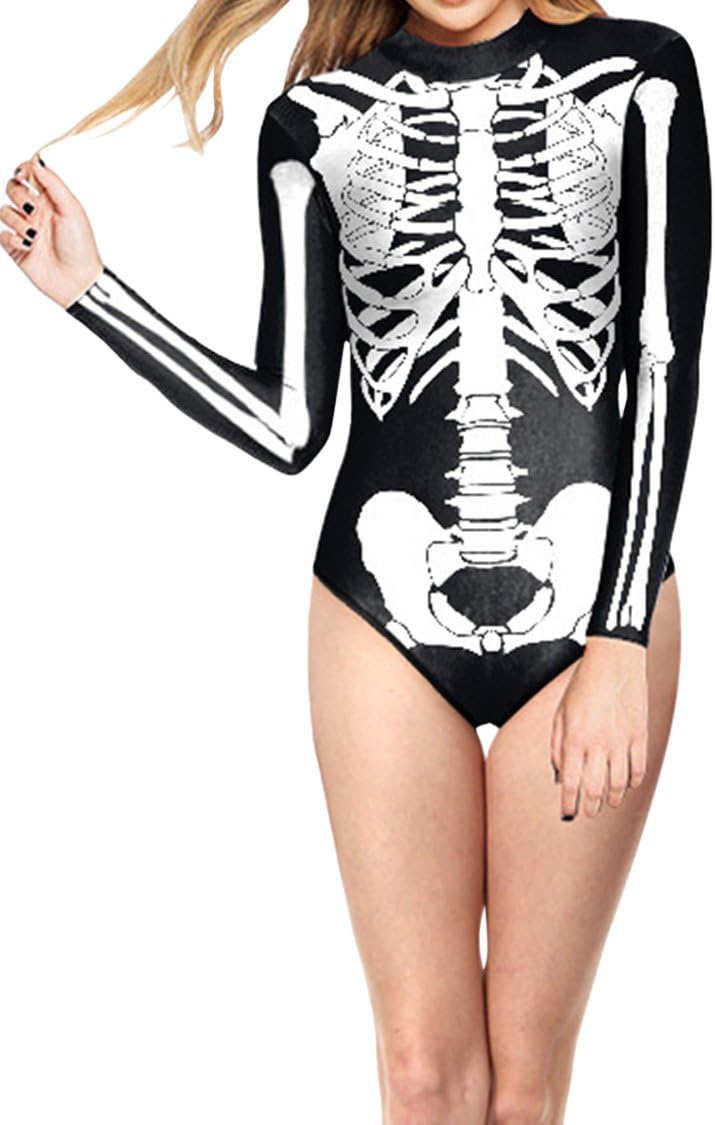 Timemory Women Halloween Skull Costume Printing Skeleton Cosplay Jumpsuit Romper