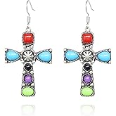 yueton 1 Pair of Fashion Cross Earrings Turquoise Engraved Pattern Earrings Boho Dangle Drop Earrings Vintage Gypsy Bohemian Ethnic Tribal Earrings, with A Gift Box