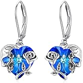 Rose Skull Earrings S925 Sterling Silver Heart Crystal Birthstone Dangle Drop Earrings Hypoallergenic Gothic Skull Leverback JJewelry Gift for Mom Daughter Wife