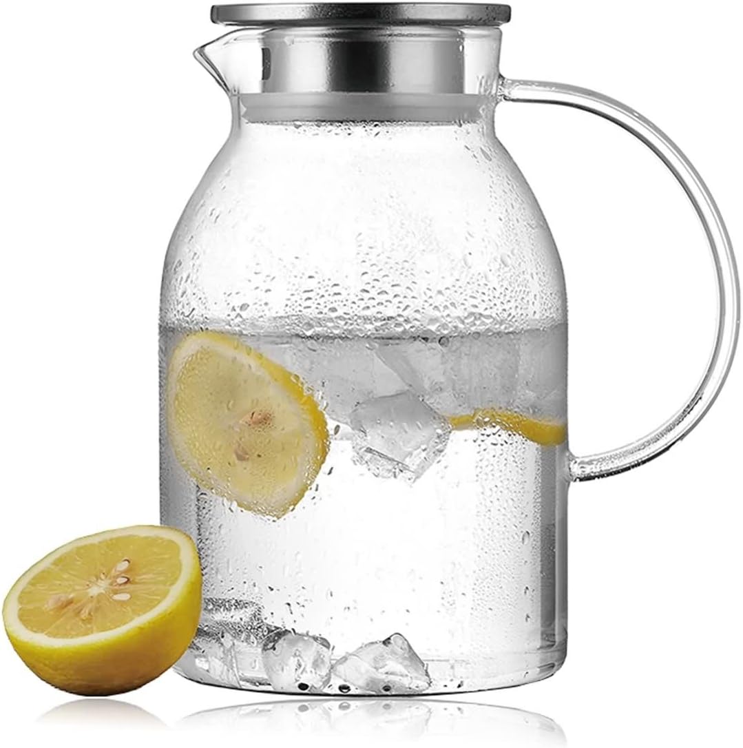 60 Ounces Extra-thick Borosilicate Glass Pitcher With Lid, Iced Tea Hot Cold Water Juice Beverage Carafe, Heat-Resistant Water Jug (come with a coaster)