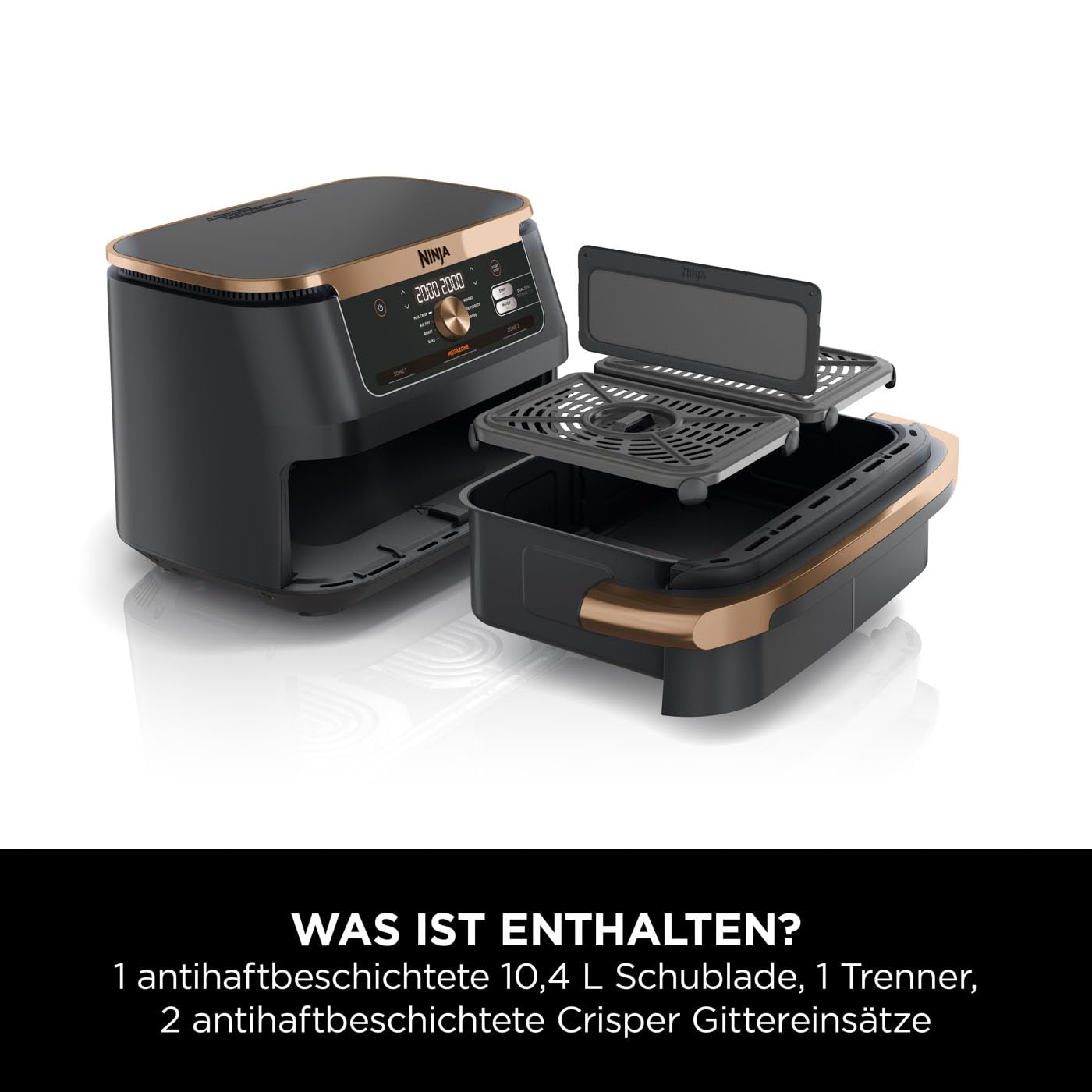Ninja Foodi FlexDrawer Dual Zone Heißluftfritteuse, Airfryer mit 10,4-Fach und herausnehmbarem Trenner, Antihaftbeschichtung, spülmaschinenfester Korb, 7-in-1, Schwarz & Kupfer, AF500EUCP 2