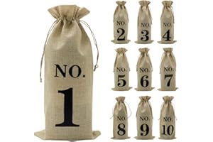 Shintop 10pcs Jute Wine Bags, 14 x 6 1/4 inches Hessian Numbered Wine Bottle Gift Bags with Drawstring for Blind Wine Tasting (Brown)
