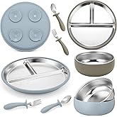 Honeydak 2 Pack Stainless Steel Baby Plates and Bowls with Suction & 2 Pack Spoons and Forks Set Kid Gift Toddler Utensil Baby Feeding Set Divided Plates for Weaning Supplies(Blue,Green)