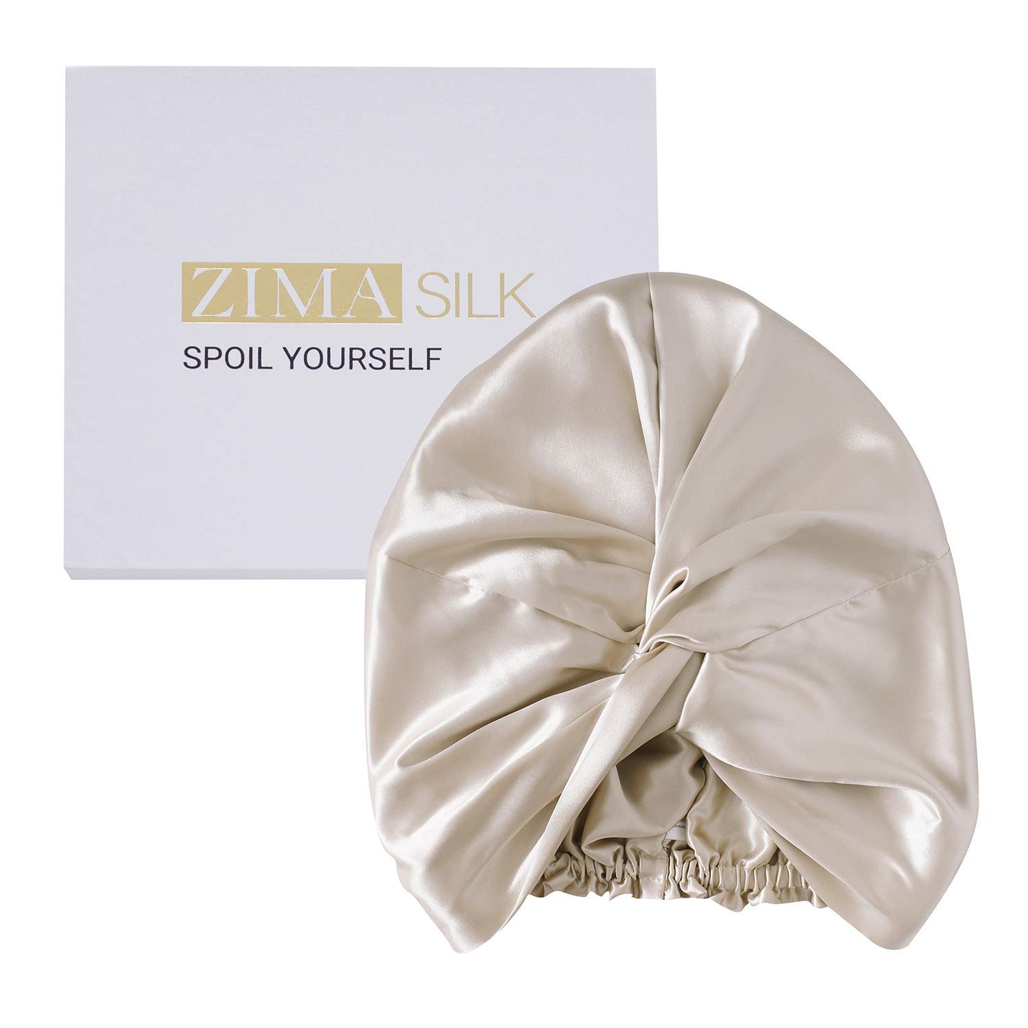 ZIMASILK 22 Momme 100% Mulberry Silk Sleep Cap for Women Hair Care,Natural Silk Hair Wrap for Sleeeping, Bonnet with Elastic Stay On Head, Classic Pleated (1Pc, Beige)