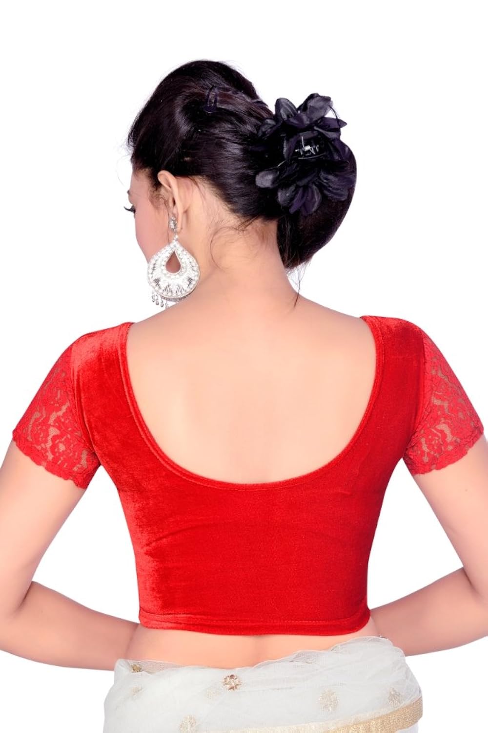 studio shringaar stretchable velvet blouse with lace sleeve.