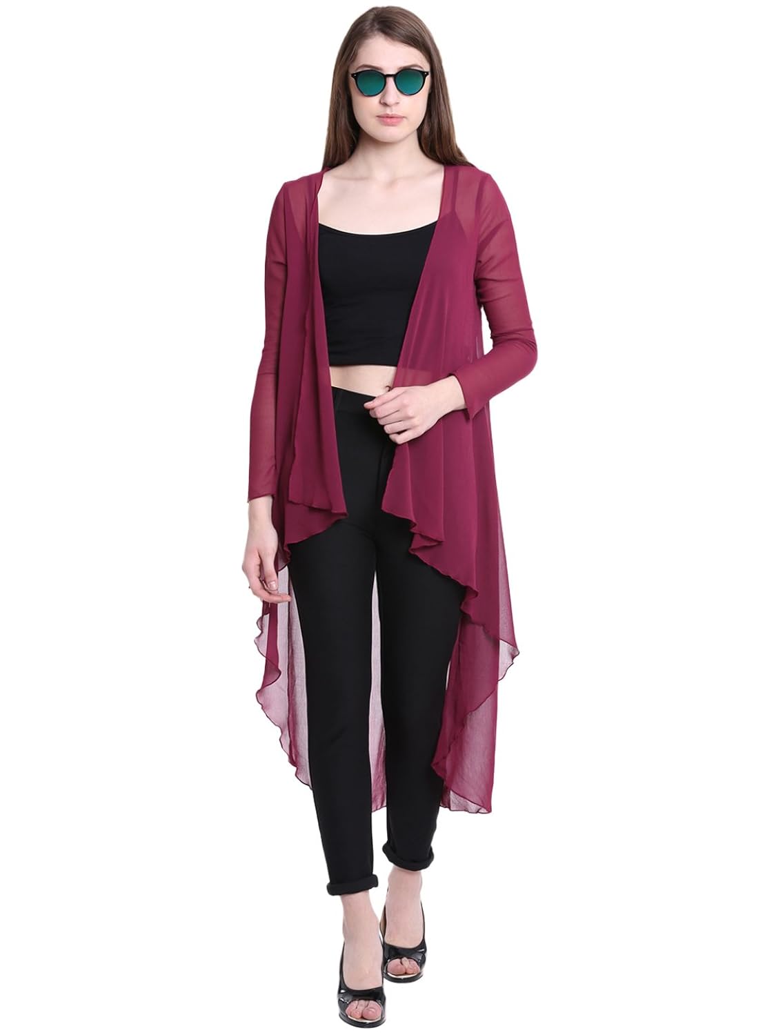 gj couture women's georgette maroon solid full sleeves regular shrug