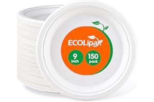 ECOLipak 9 inch 150 Pack Compostable Paper Plates, Heavy Duty Disposable Biodegradable Eco-friendly Sugarcane Bagasse Plates for Party Dinner