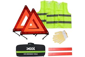 XOOL Emergency Warning Triangle Kit – Roadside Safety Kit with Reflective Warning Triangles, High-Visibility Safety Vests, Storage Bag & Gloves for Car Breakdowns & Emergencies