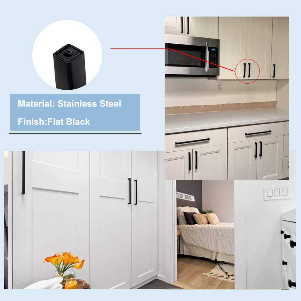 10Pack Goldenwarm Black Square Bar Cabinet Pull Drawer Handle Stainless Steel Modern Hardware for Kitchen and Bathroom Cabinets Cupboard,Center to Center 6-1/4in(160mm) Kitchen Cupboard Handles