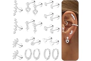 LOLIAS Hypoallergenic Flat Back Earrings for Women Cartilage Earrings Stacks-20G Surgical Stainless Steel Flatback Stud Hoop Earring Set Daith Conch Tragus Helix Piercing Jewelry
