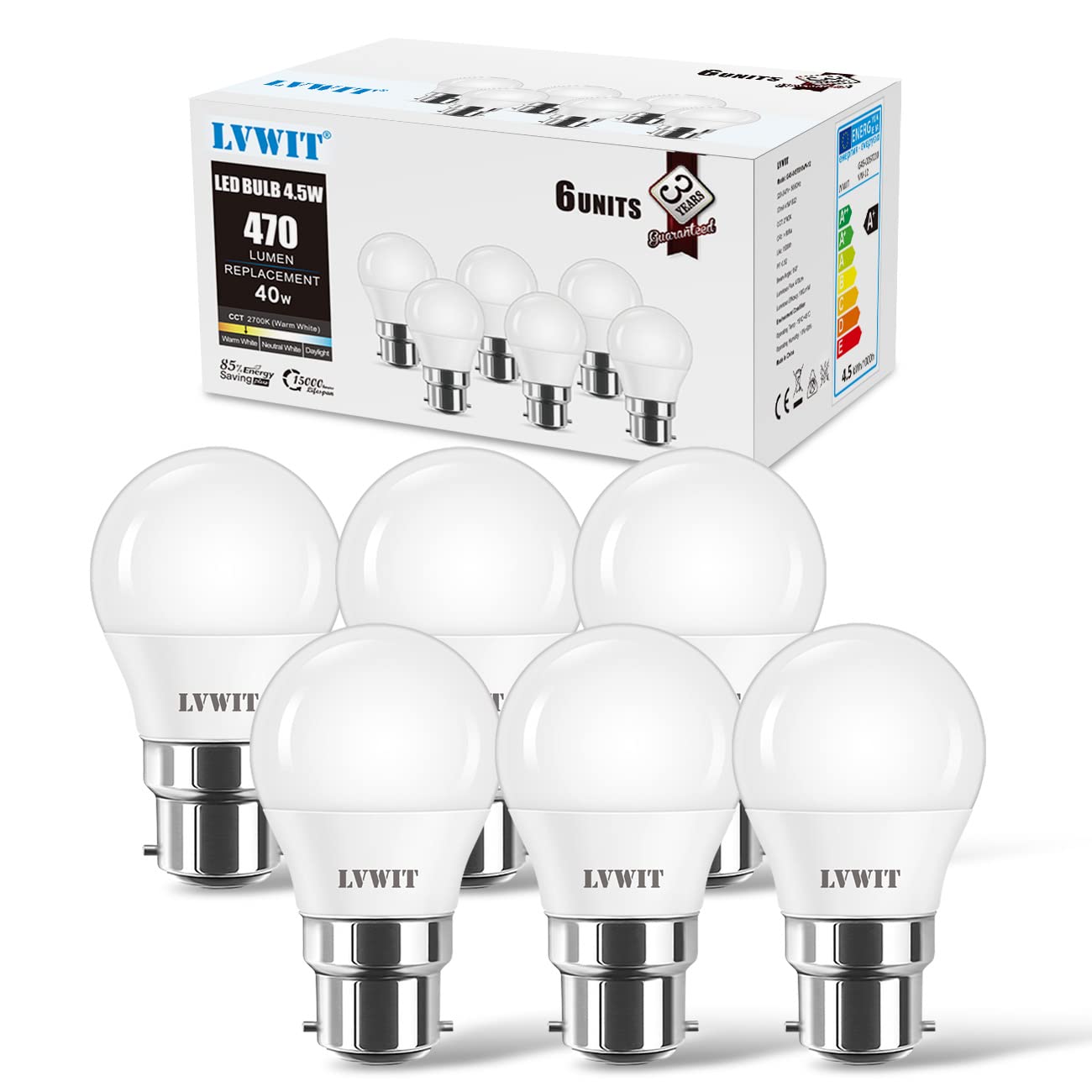 LVWIT SES Golfball B22 LED Light Bulbs, Golf Ball Led Bulbs,Bayonet 40W Equivalent, 4.5W, 470Lm,2700K Warm White Golf Ball Bayonet Bulb Energy Saving,Non-Dimmable,(φ45*75MM，6PCS)