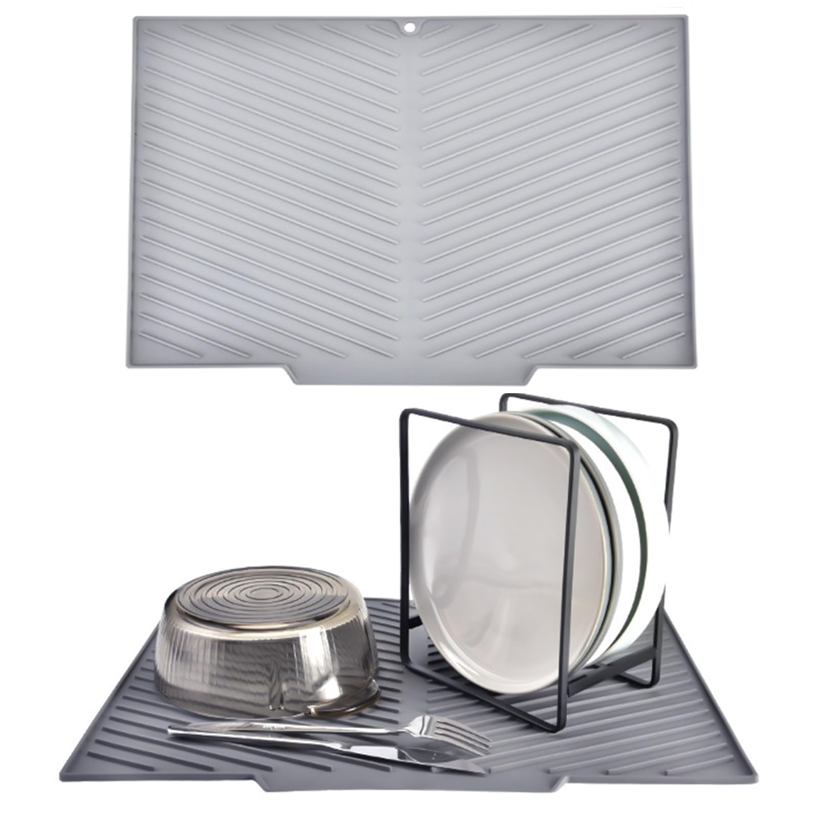 Echehi Dish Drying Mat with Built-in Drain Lip, 43.3 x 30 cm V-shaped Dish Drainer Mat with Non-slip Design, BPA-free and Easy to Clean. Grey