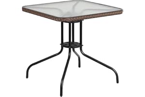 Flash Furniture Barker 28'' Square Tempered Glass Metal Table with Dark Brown Rattan Edging