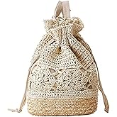 FAIRYSAN Women Knapsack Crochet Woven Straw Backpack with Leather Straps Shoulder Bags Drawstring Backpack Summer Holiday Beach Tote Beige Rucksack