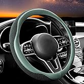 Carodi Car Steering Wheel Cover, Leather and Breathable ice Silk Fabric, Comfortable, Non-Slip, Warm in Winter and Cool in Summer, Universal 15 inch (Green)