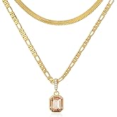 ACECHA Gold Layered Necklaces for Women, 18K Gold Plated Emerald Pendant Rectangle Necklaces for Teen, Layering Choker Necklace Jewelry Gifts
