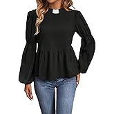 Clergy Shirts for Womens Long Lantern Sleeve Shirt Round Neck Ruffle Blouse Priest Shirt with Tab Collar