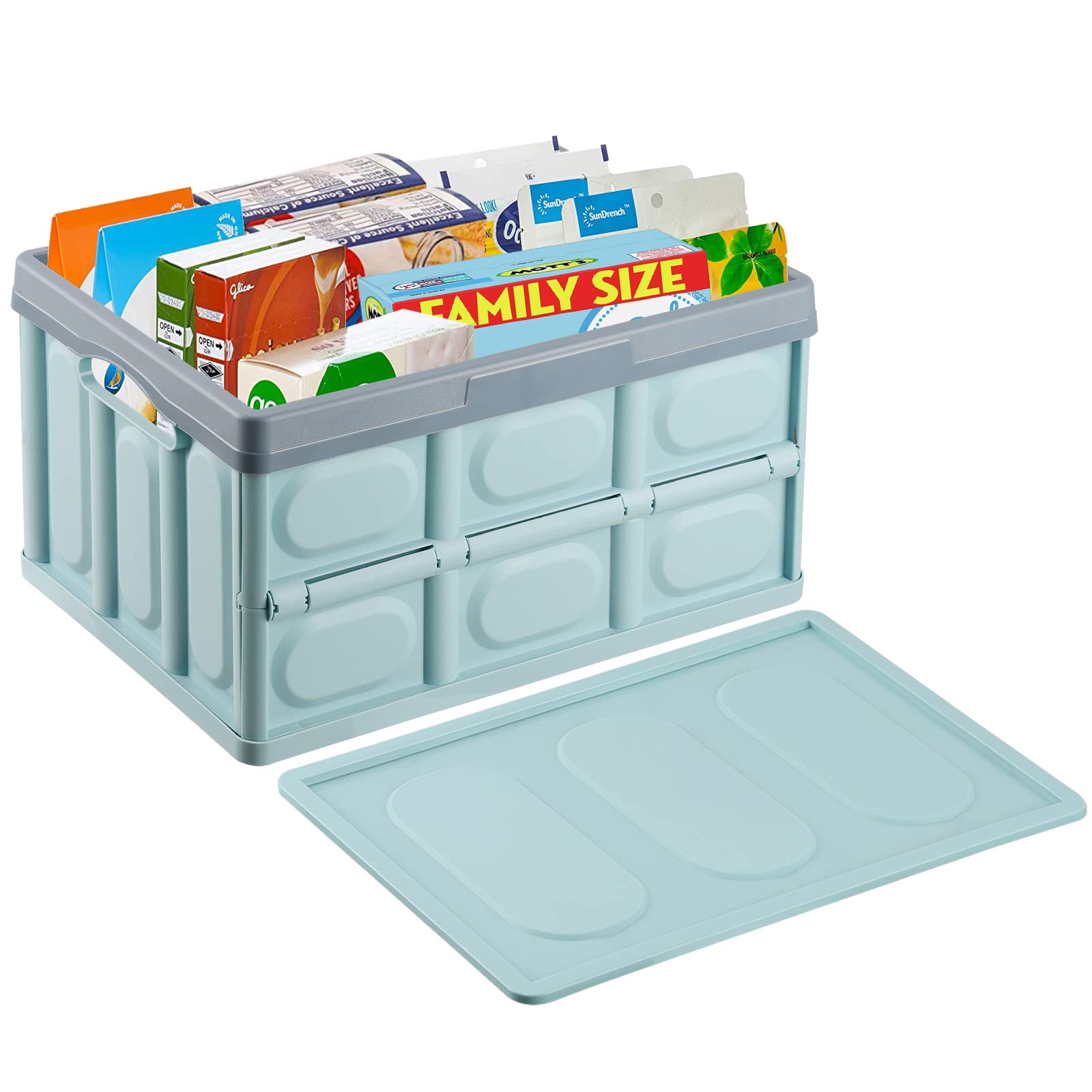 Collapsible Storage Box with lid 30L Lidded Storage Bin Storage Box Crates Plastic Tote Storage Box Container Stackable Folding Utility Crates for Clothes, Toy, Books,Snack, Shoe Storage Bin -Blue