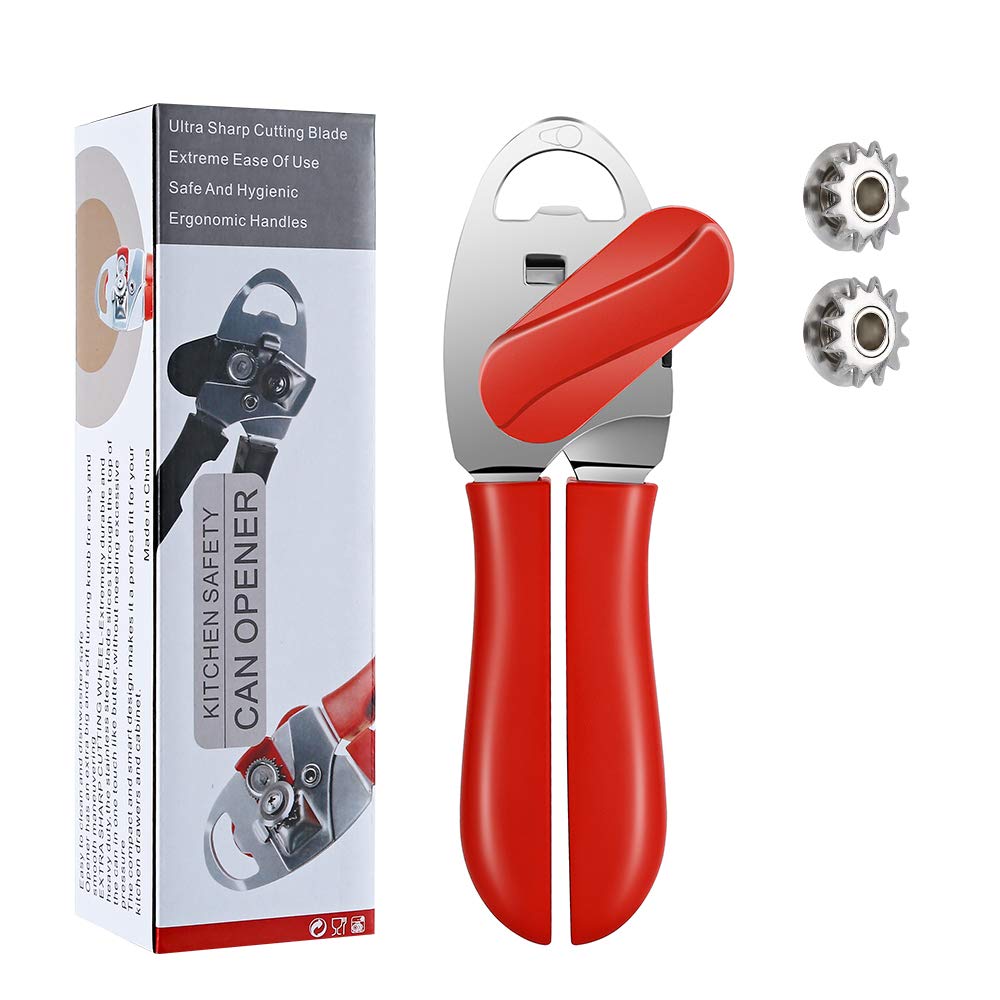 Can Opener Manual Tin Opener for Seniors with Arthritis , Handheld Can Opener Safe Cut Smooth Edge with Ergonomic Grip Large Turn Knob(Red)