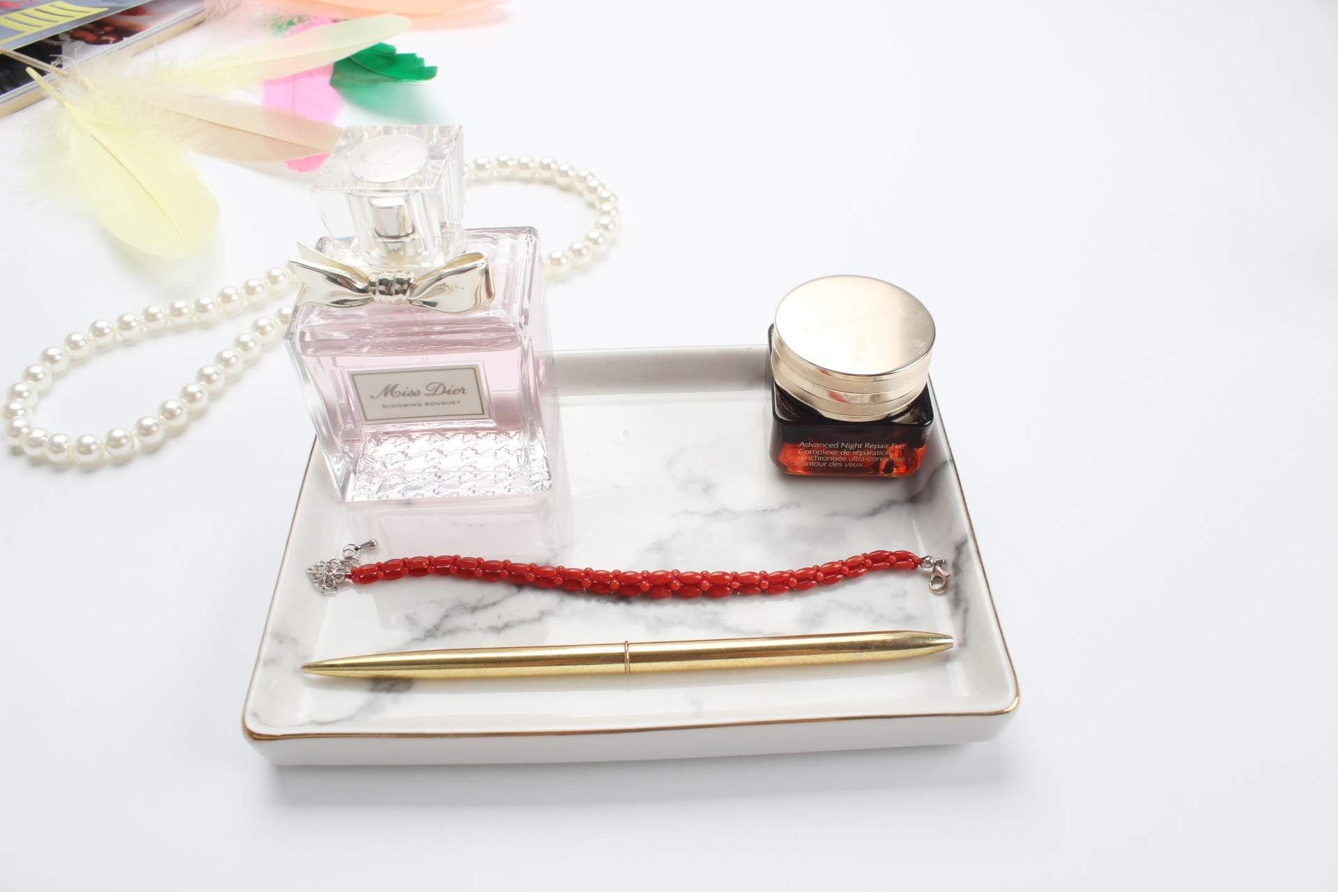 Nordic Grey Striped Marble Jewelry Plate Tray with Golden Edge,Exquisite Ceramic Rectangle Necklace Earrings Ring Storage Dish Trinket Tray Key Plate Holder for Wedding Christmas Birthday Decorative
