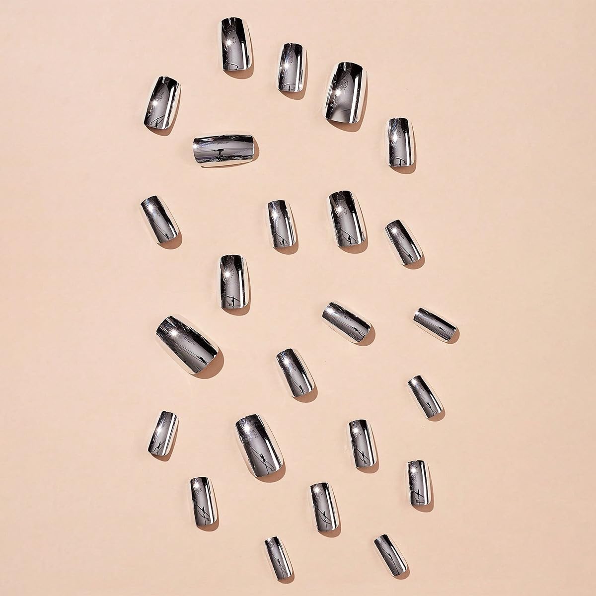 Silver Press on Nails Square Medium Fake Nails Metallic Chrome False Nails Mirror Silver Acrylic Nails Press ons Holographic Metal Chrome Glue on Nails Stick on Nails for Women Manicure 24pcs - Image 2