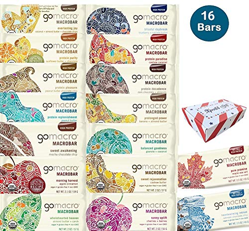 GoMacro Bars High Protein Bars Variety (16 Pk) – New Flavors Included (Oatmeal Chocolate Chip, Maple Sea Salt)- Comes in Xpress Gift Box!