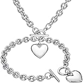 Silver 18k Gold Rose Gold Plated Charm Chunky Stainless Steel Chain Heart Toggle Choker Bracelet Necklace Set for Womens Fashion Valentine Jewelry Set