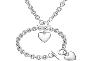 WJH Silver 18k Gold Rose Gold Plated Charm Chunky Stainless Steel Chain Heart Toggle Choker Bracelet Necklace Set for Womens Girls Fashion Valentine Jewelry Set