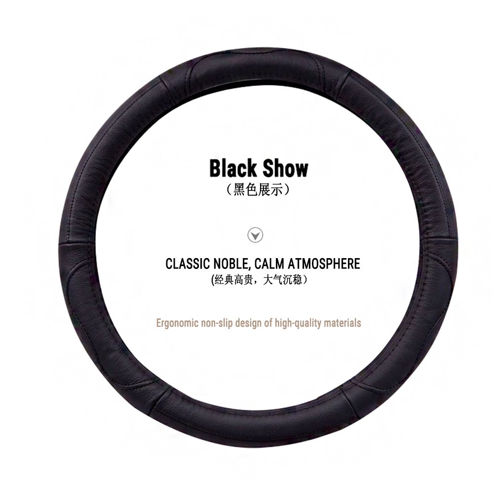 Movement Fashion Genuine Leather Car Steering Wheel Cover Fits 38cm 15 inch Auto Steering Breathable Anti Slip Skidproof - Black