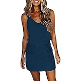 Womens Summer Trendy Striped Dresses Sleeveless Halter Strap Mini Dress with Pockets