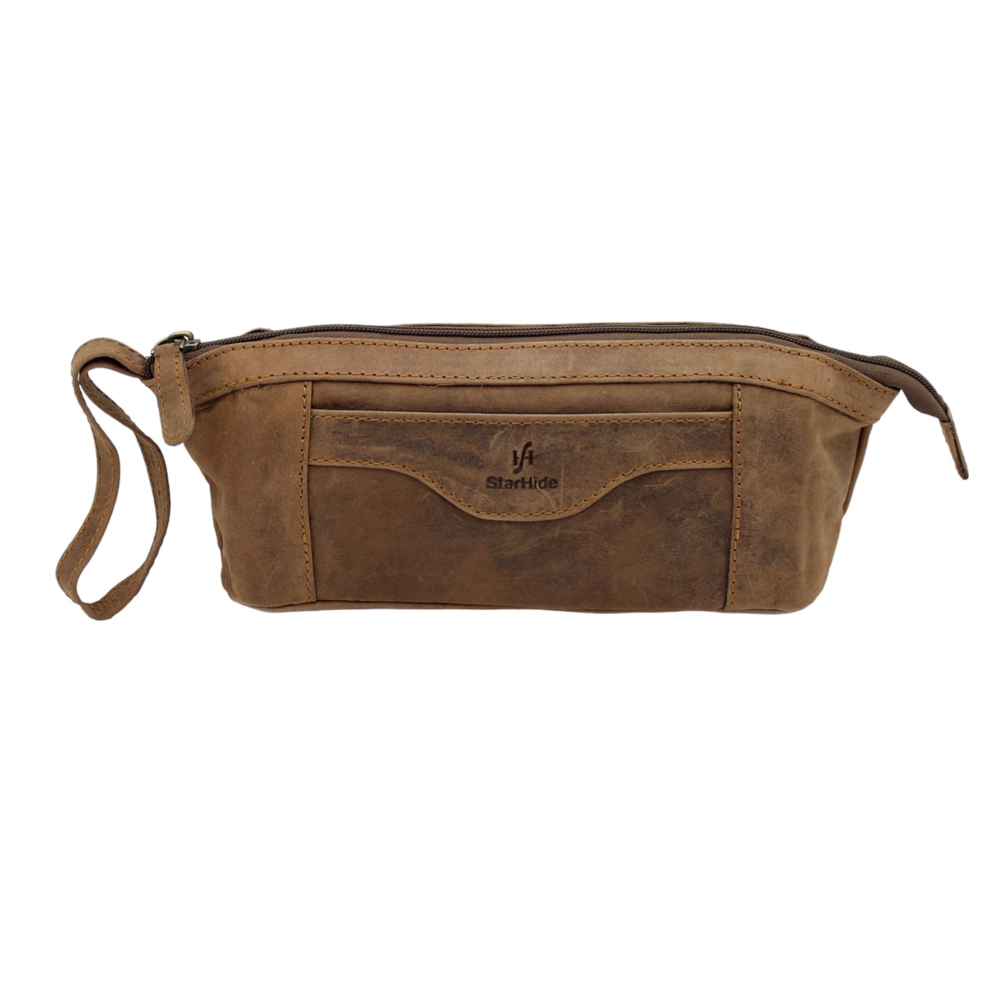 STARHIDE Travel Stationery Pencil Case, Genuine Distressed Hunter Leather, Makeup Cosmetic Zipper Pouch Bag 555 Brown