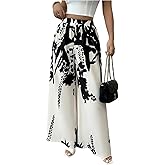 MakeMeChic Women's Boho Fall Floral Print Pants Business Work Elastic Waist Wide Leg Trousers