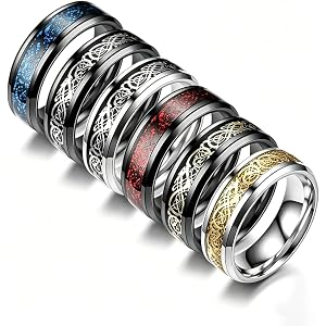 6Pcs Titanium Steel Dragon Pattern Rings Men Fashion Stainless Steel Ring Set Size 8-10 Birthday Gift