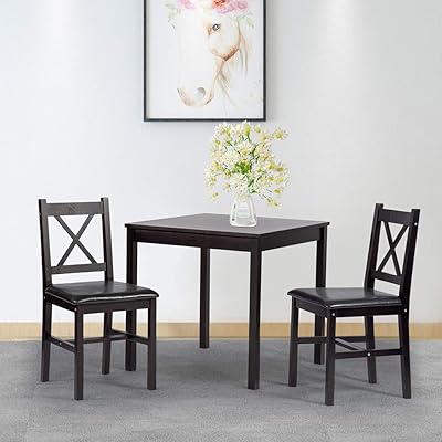 FDW 3-Piece Dining Set, Wood Table and Chair for 2, Dark Brown