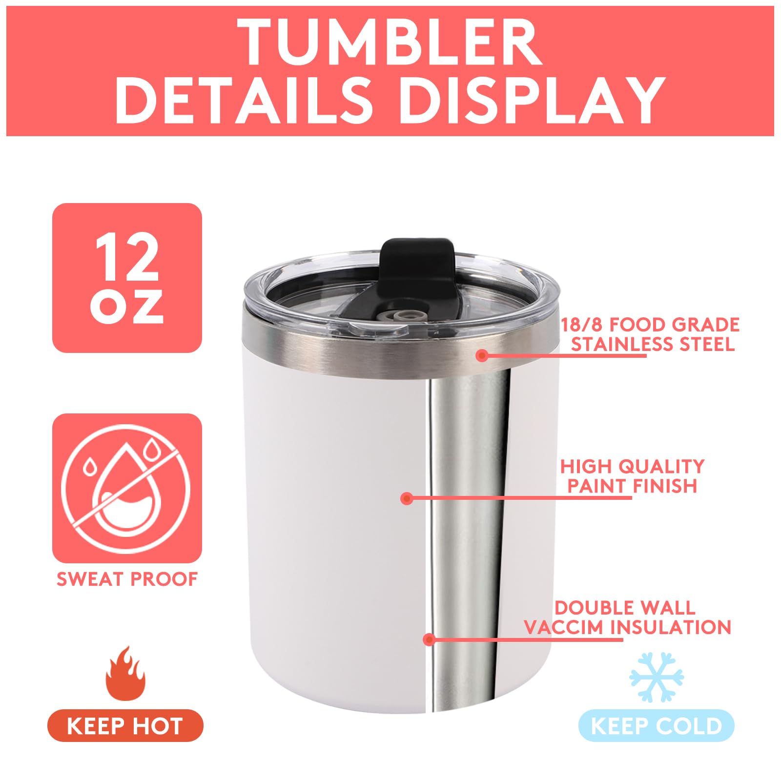 Condition photo showing New/Like New for deitybless 6 pack 12 oz stainless steel skinny tumbler with splash proof lid, vacuum insulated doubl