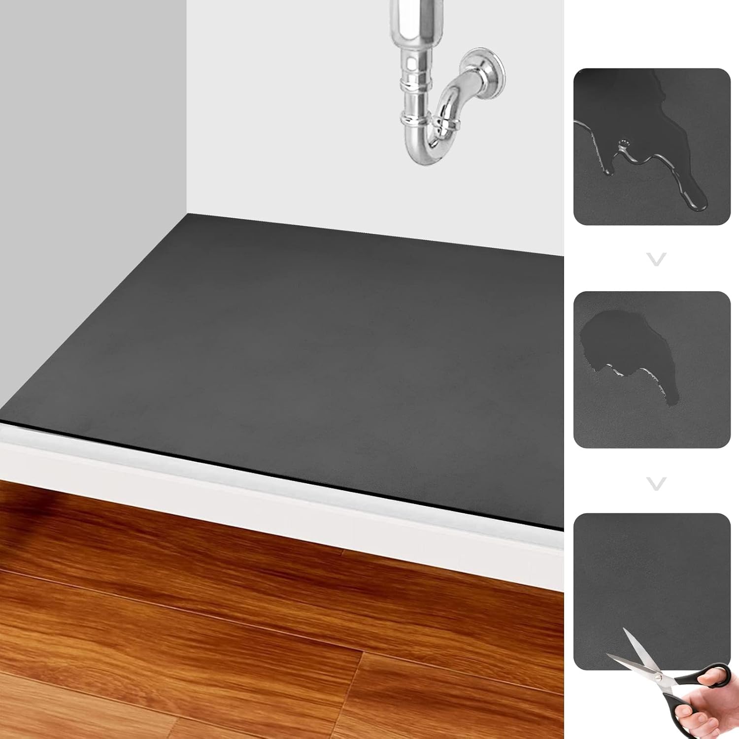 Photo 1 of 2 PACK Under Sink Mat for Kitchen Super Absorbent, Quick Dry Kitchen Bathroom Cabinet Mat, 34" X 22" Or Smaller Cut to Fit Under Sink Drip Tray, Under Sink Liner Easy to Clean- Dark Grey