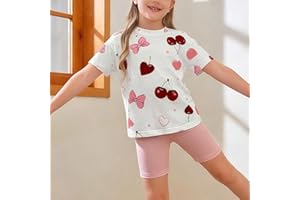 Girls Knit Two Piece Set Short Sleeve Crew Neck T Shirt and Knee Length Shorts Printed Princess Style Casual Summer
