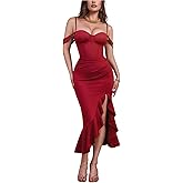 CurvySweet Women's Summer Off The Shoulder Spaghetti Straps Ruffle High Thigh Slit Formal Bodycon Dress with Built-in Bra