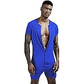 Mens Short Sleeve Onesie Henley Jumpsuit Pajamas Stretchy Cotton One Piece Garment
