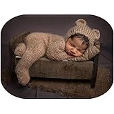 Vemonllas Newborn Photography Props Boys Girls Outfits Mohair Bear Hat Bonnet & Footed Romper Bodysuit Photoshoot Costume Set