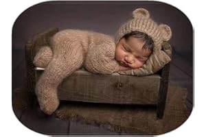 Vemonllas Newborn Photography Props Boys Girls Outfits Mohair Bear Hat Bonnet & Footed Romper Bodysuit Photoshoot Costume Set