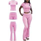 ZFLM Casual Women's 3-Piece Set Short Sleeved T-Shirt High Waist Folded Shorts Flare Leggings Pants Sports Set Workout
