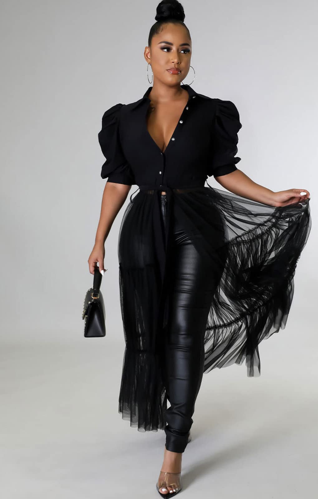 Ekaliy Women Sexy Short Sleeve Bodycon High Low Asymmetrical Ruffle Tunics Blouse Shirt Top Dress