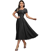 VGMXF Tea Length Mother of The Bride Dresses for Women Sequin Lace Short Sleeve Ruffle Formal Evening Gown