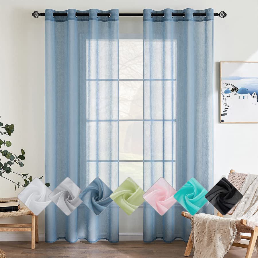 EMEMA Set of 2 Sheer Voile Curtains with Eyelets Transparent Voile Polyester Eyelet Curtain Transparent Living Room Airy Decorative Curtain for Bedroom 140 x 137 cm Dusty Blue